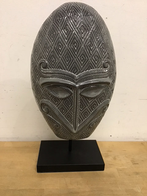 19.5" Gray Ceramic Primitive Mask Sculpture W/Stand
