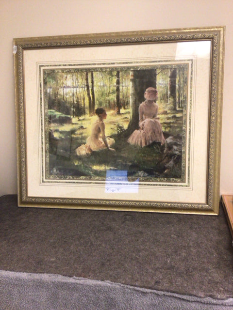 33 1/2" X 28" Gold Framed Floral Trim Ladys In Forest Oil Painting On Board