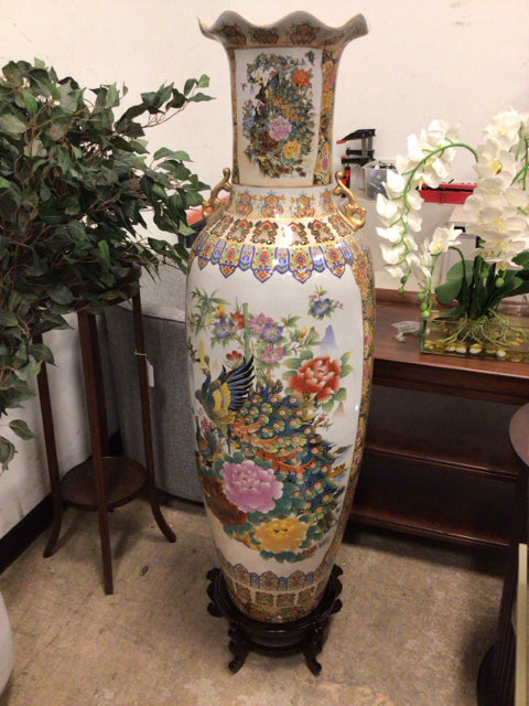 52 1/2" Scalloped Rim Asian Floor Vase W/Stand