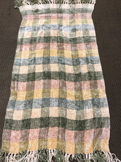 Moss Green Gold Blush Plaid Fringed Chenille Throw