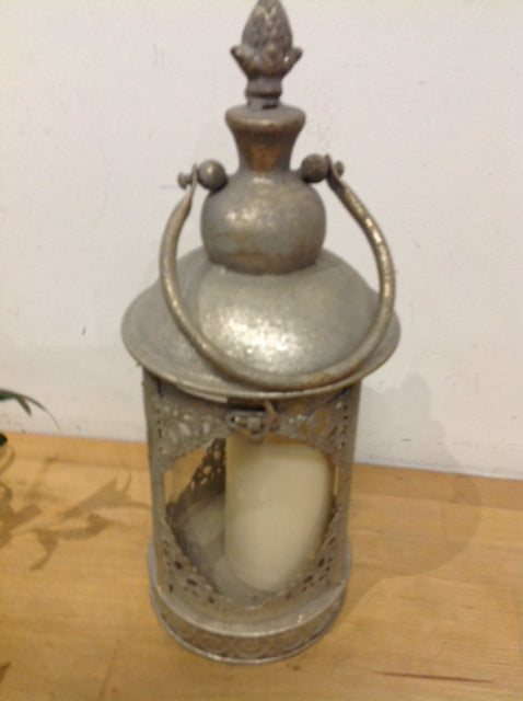 15" Silver Metal Lantern W Candle