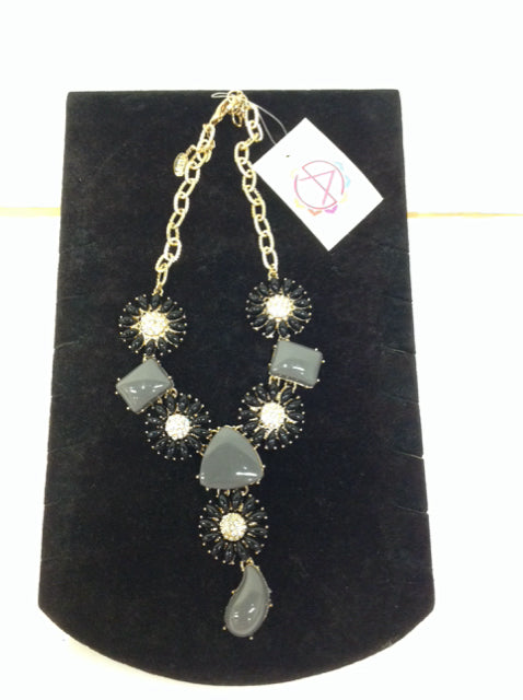 Gold Necklace w/Black/Grey Beads & Rhinestones
