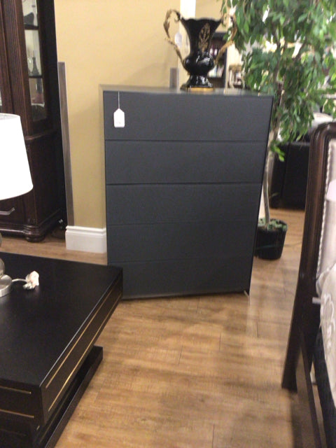 Grey Metal Glass Top Five Drawer Tall Dresser