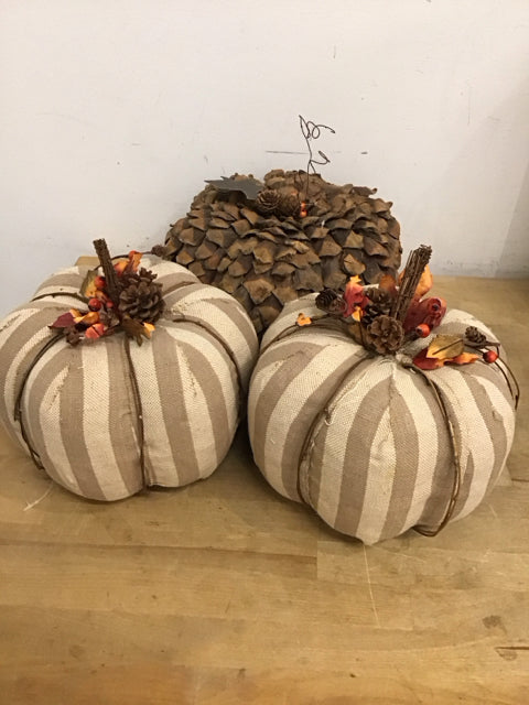 Set Of 3 Burlap & Pinecone Decorative Pumpkins