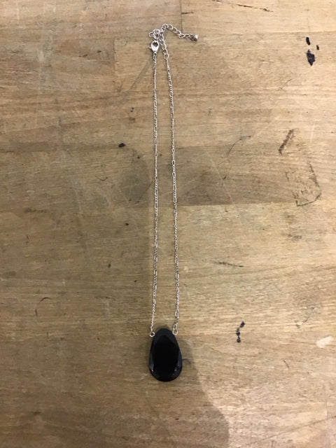 Silvertone Necklace W/Black Glass Pendant