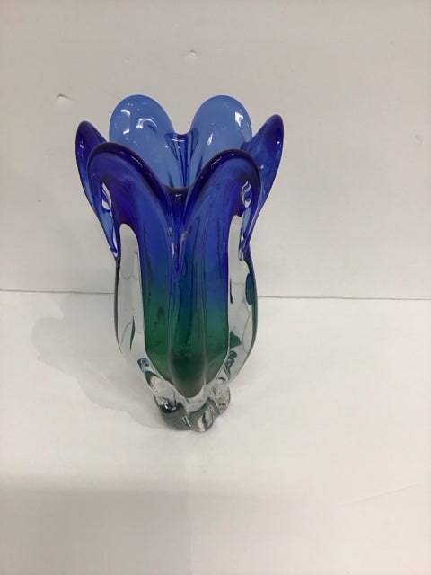 10" Art Deco Blue/Green Crystal Vase