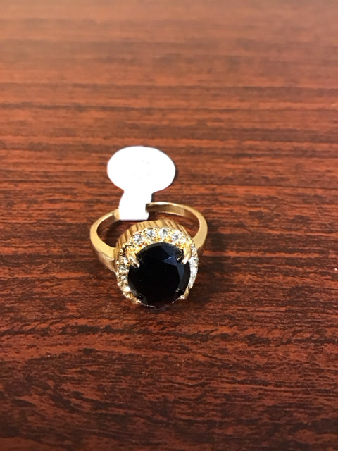 Goldtone Onyx & Rhinestone Ring