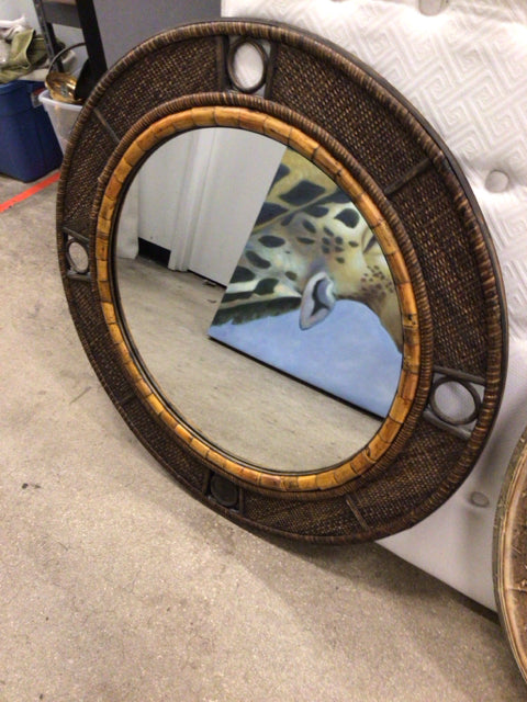 38 1/2" Wood Rattan Framed Round Mirror