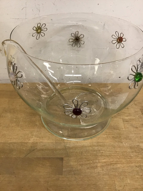 2 PC Glass Punch Bowl Faceted Flowers & Ladle