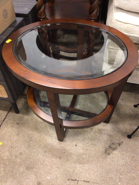 28" Oval Wood & Beveled Glass End Table