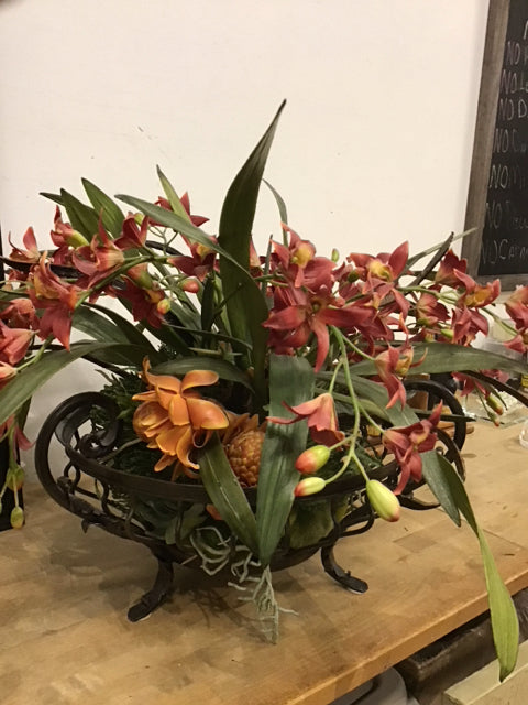 Red & Yellow Faux Flowers Centerpiece W/Metal Pot