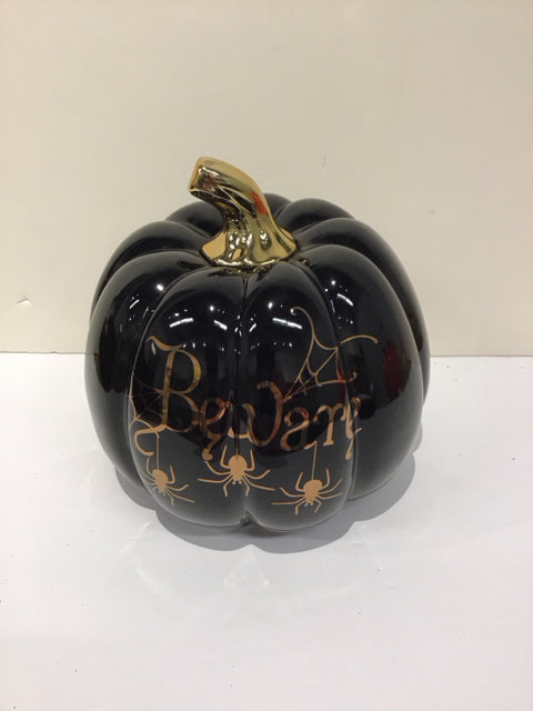 Black Ceramic "Beware" Pumpkin w/Stem