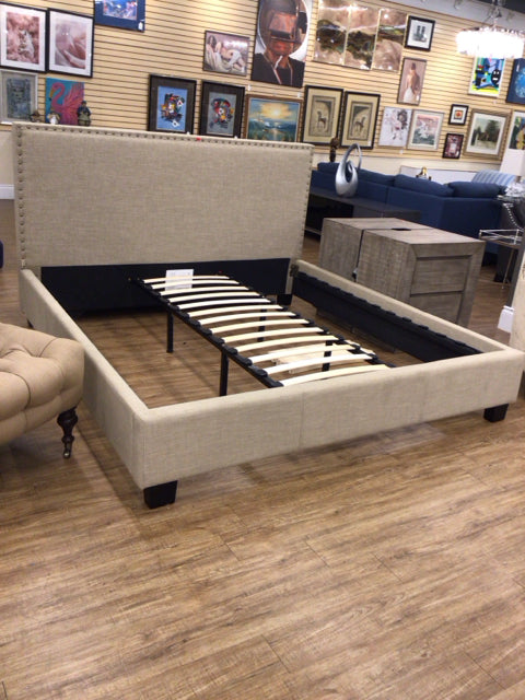 AS-IS Tufted Upholstered King Bed W/Gold Nailheads