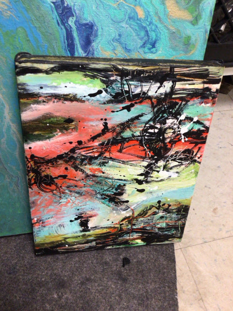 9" X 11" Black/Red/Green Abstract Oil Painting On Canvas
