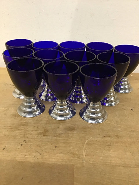 Set Of 12 Coblat Blue & Chrome Cordials