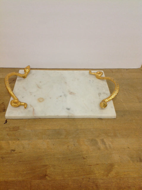 15x11 White Marble Tray w/Gold Snake Handles