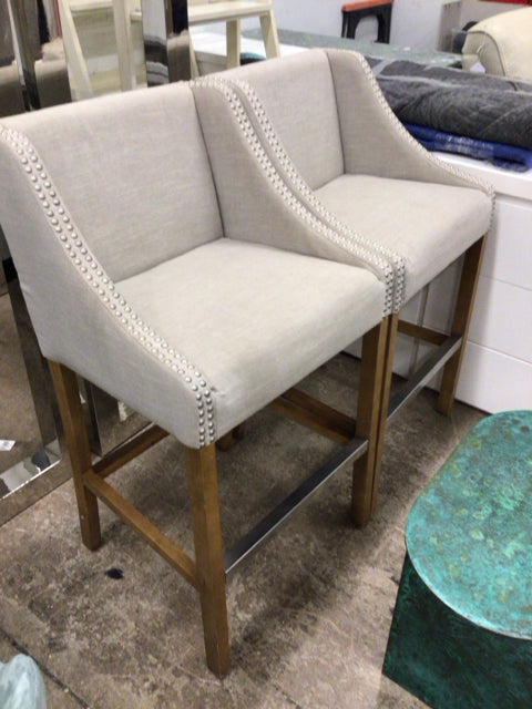 Pair Of Linen Bar Stools W/Nailheads Wood Legs