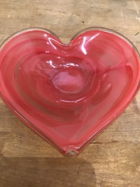 8" Pink Heart Murano Style Art Glass Bowl