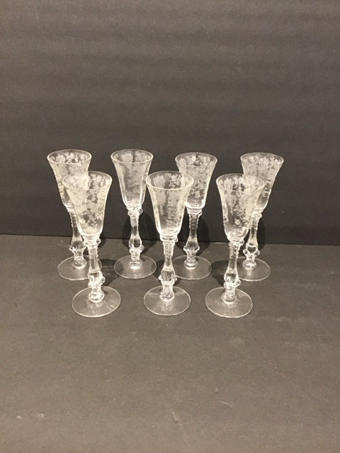 7 Vtg Cambridge Etched "Rose Point" Cordial Glass