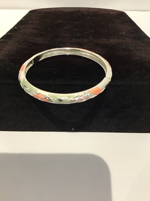 Orange/Pink Green Enamel Silver Cuff Bracelet