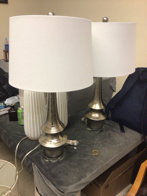 27" Pair Of Silver Round Acrylic Base Table Lamps W/Shades