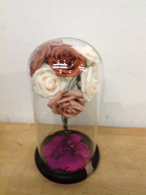 12" Silk Roses In Glass Display