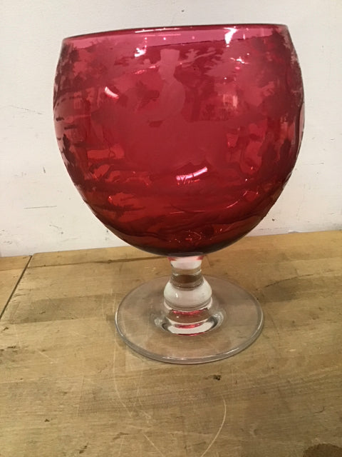 10" Cranberry Fox Hunter Etched Footed Bowl