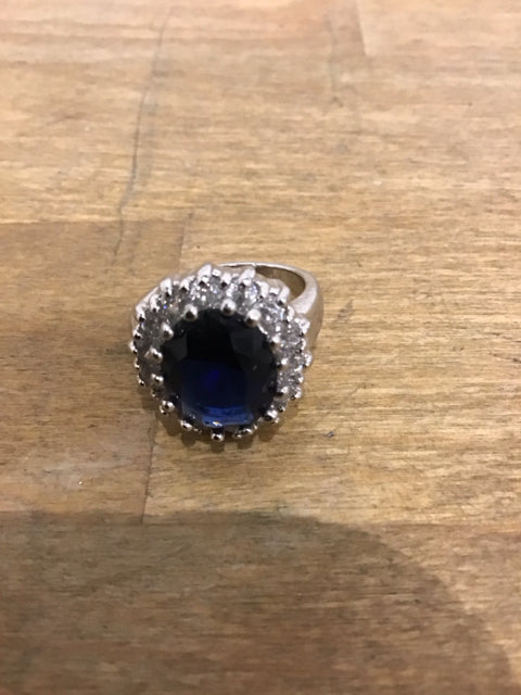 Silvertone Sapphire Like Rhinestone Ring