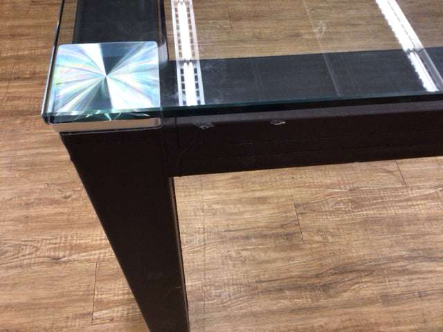 Glass Top Leather Wrapped Base Dining Table