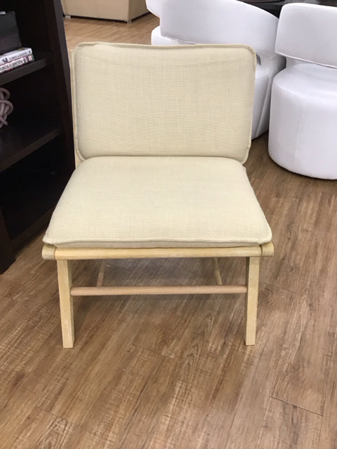 Tan Upholstered Wood Club Chair w/Rattan Back