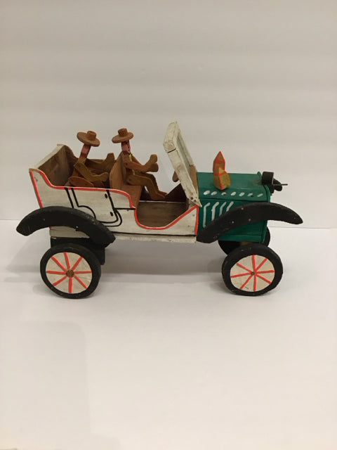 14" Carved Wood Rolling Car