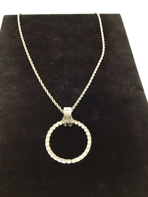 Silver Necklace w/Round Rhinestone Pendant