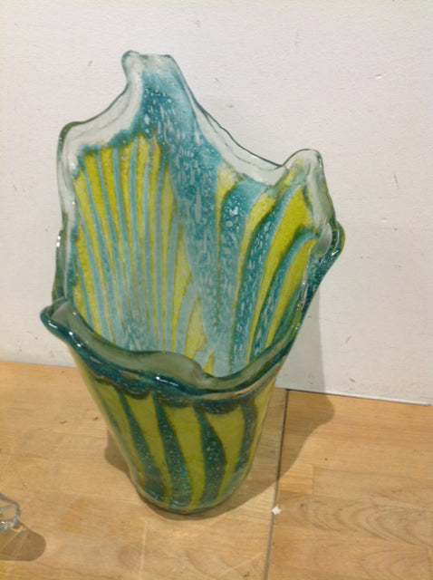 Vase- 17" Green & Blue Art Glass