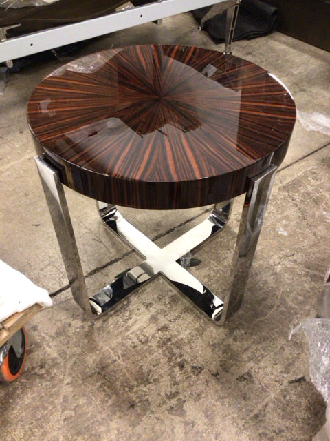 AS-IS Round Brown Lacquered Top Chrome Base End Table(Scratches/Knicks)