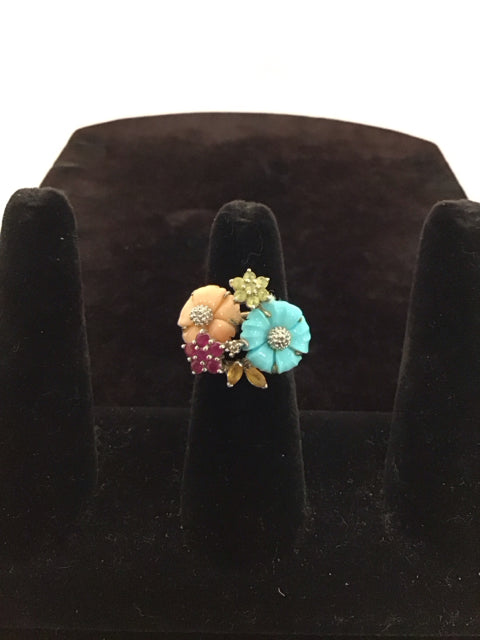 Silver Ring w/Pink/Blue Coral