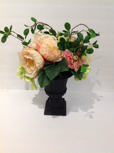Pink Flowers in Black Resin Urn