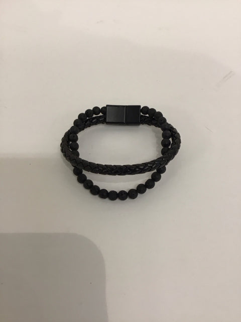 Men's Double Strand Black Leather Magnetic Bracelet