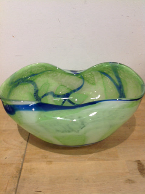 Bowl- 14" Green & Blue Art Glass