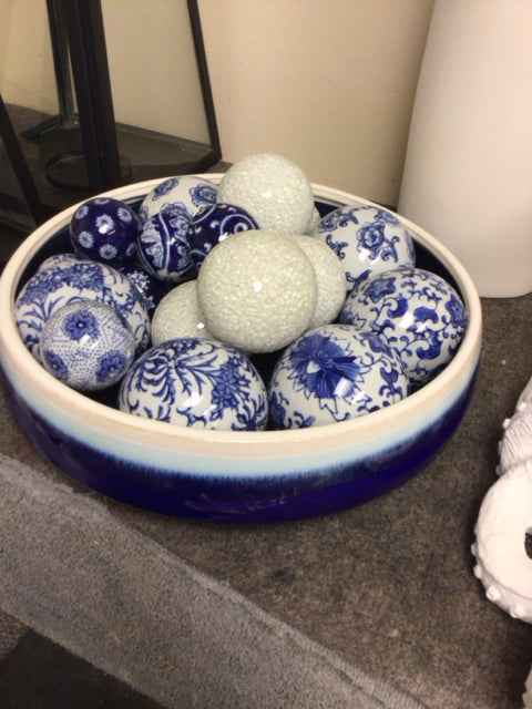 Round Ceramic Blue Bowl W/Decorative Balls