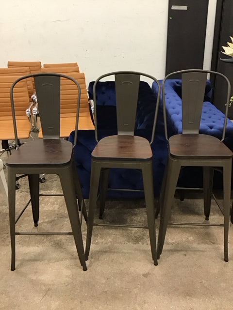 Set Of 3 Metal & Wood Bar Stools
