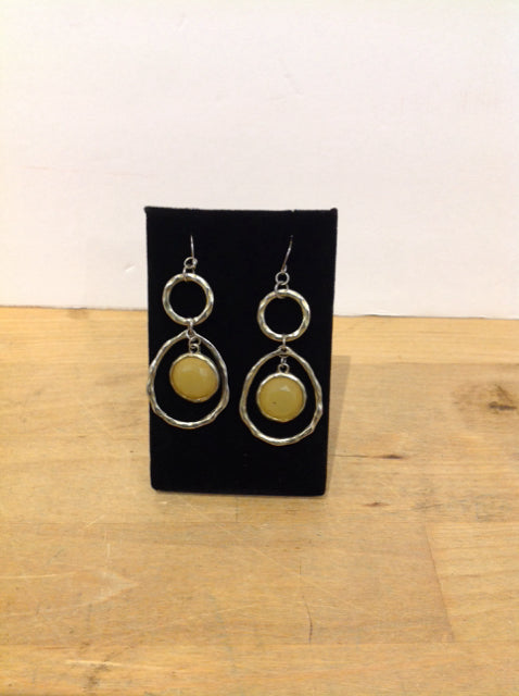 Silver Metal Hoop Earrings w/Stone Medallion
