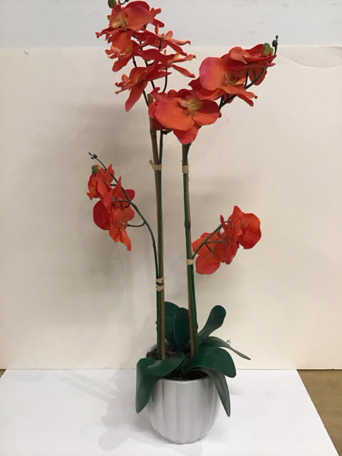 Orange Orchid Floral Arrangement Ribbed Planter