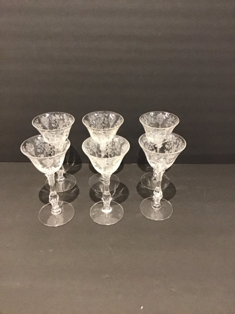 6 Vtg Cambridge Etched "Rose Point" Cocktail Glasses