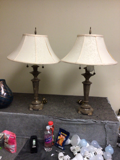 27 1/2" Pair Of Table Brass Column Lamps W/Shades