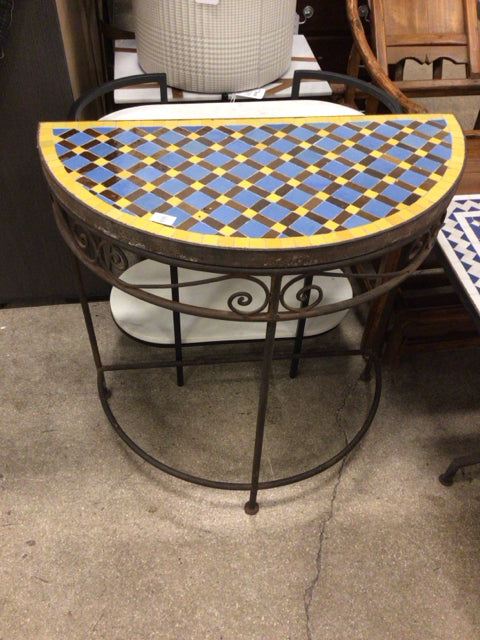 AS-IS 27 1/2" Yellow/Blue/Brown Demi Tile Top Metal Base Console Table