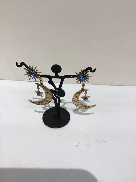Gold Moon w/Blue Rhinestone Earrings