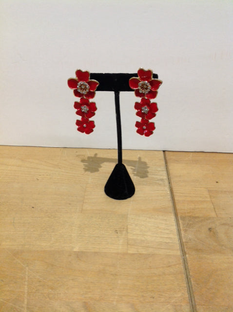 Gold w/Red Enamel Flower Dangle Earrings