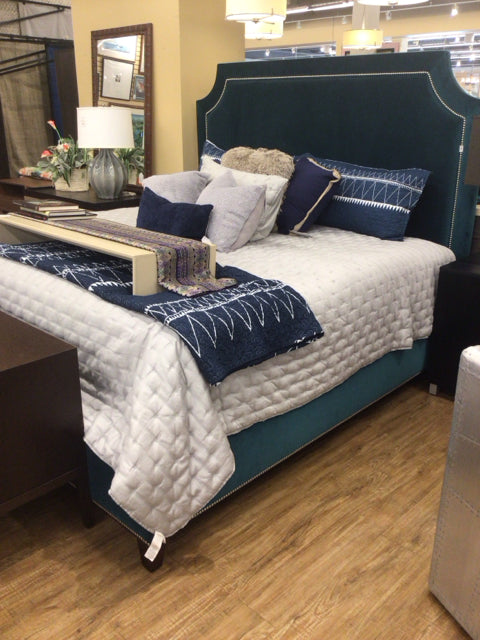 Blue Fabric King Bed W/Silver Nailheads