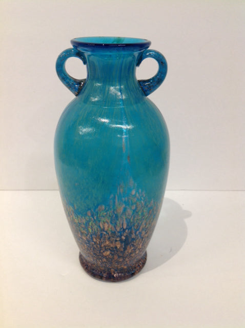 10" Art Deco Blue/Bronze Crystal Vase w/Handles