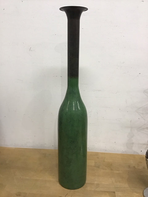 32" Green Brown Bottleneck Metal Vase